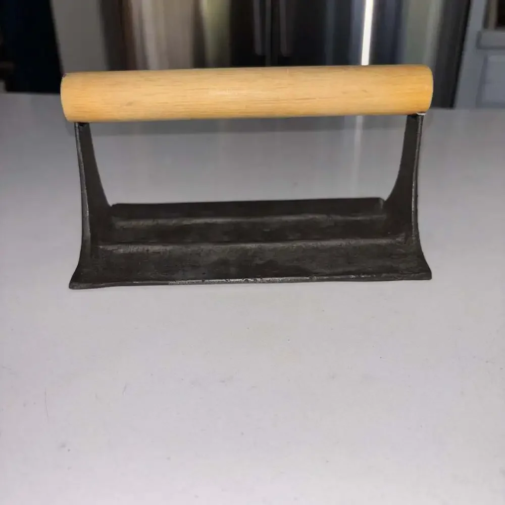 Vintage Cast Iron Bacon Press with Wooden Handle and Pig Design